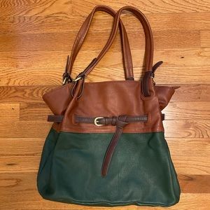 Green and brown leather tote